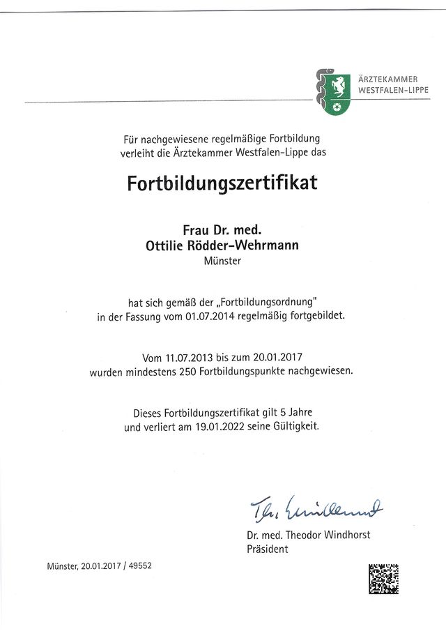 Fortbildungszertifikat für Dr. O. Rödder-Wehrmann