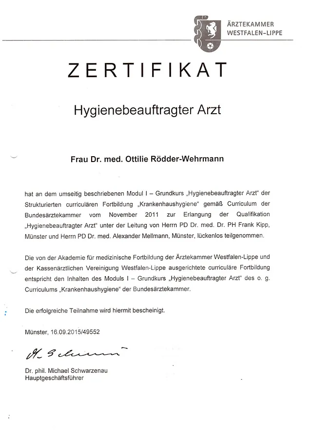 Fortbildungszertifikat für Dr. O. Rödder-Wehrmann